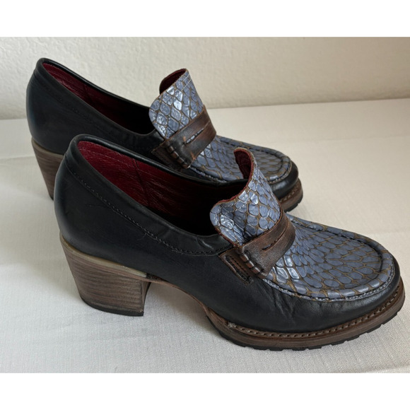 Freebird Steven Bristol Blue Black Snake Leather US 9 Block Heel Dark Academia - Picture 2 of 9